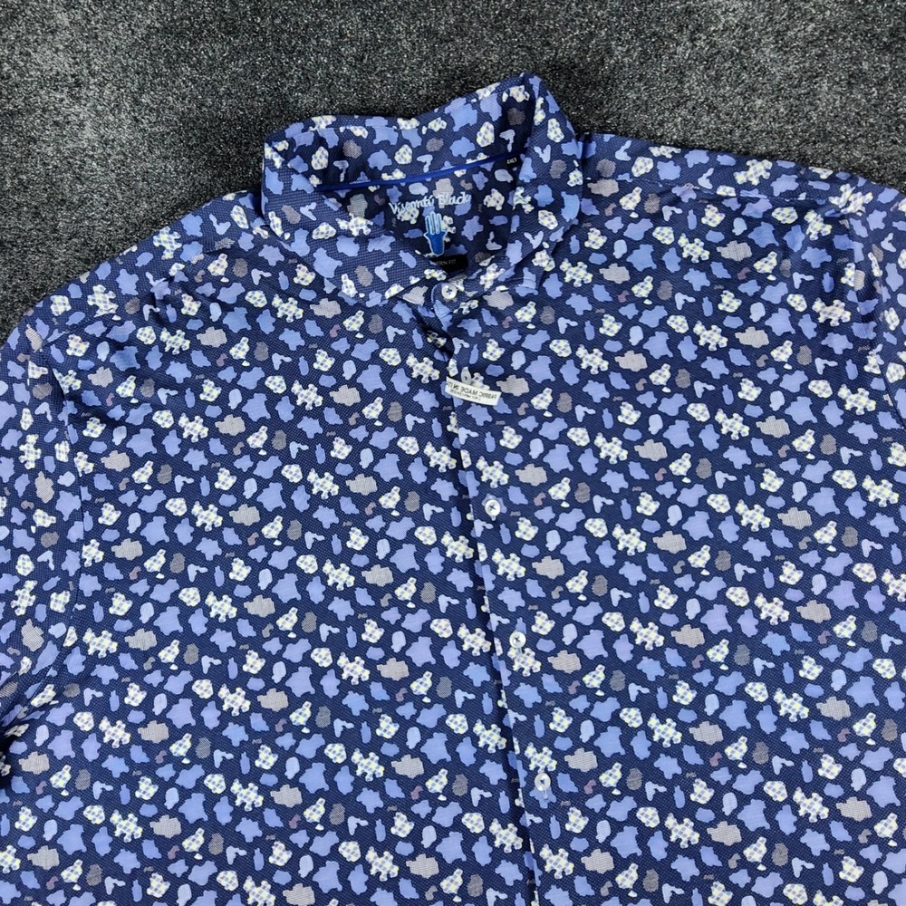 NWOT Visconti Black Button Down Shirt Mens 4XLT Blue Abstract Modern Fit Stretch